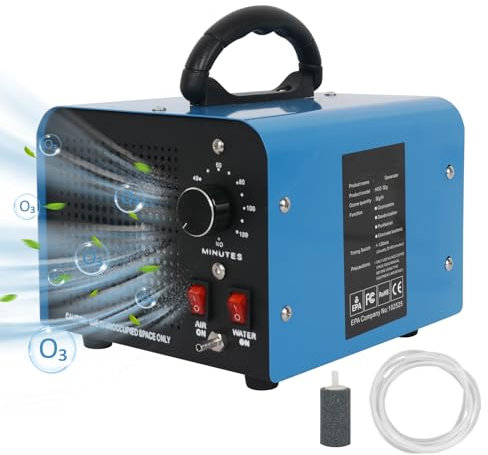 Auveach Generador de Ozono 32.000 mg/h con 2 Modos para Aire y Agua 200 mg/h Filtro de Aire Portátil Purificador Ozonizador Industrial con Temporizador 2H para Cocina Oficinas Garaje (Azul)