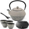 Asia Teekanne Gusseisen Set 1.1 Liter - grauer Teekessel & Edelstahl-Filter-Einsatz für losen Tee & Teebecher (4 Tassen) & Deckelheber & Stövchen