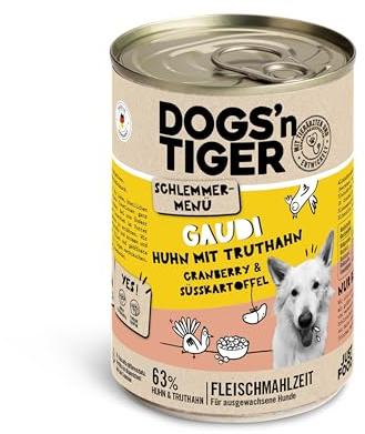 Dogs'n Tiger Gaudi Nassfutter Hund, Huhn & Truthahn, 6X 400g | Hundefutter nass, mit Cranberry & Süßkartoffel, hoher Fleischanteil, getreidefrei, ohne Zuckerzusatz, gut verträglich