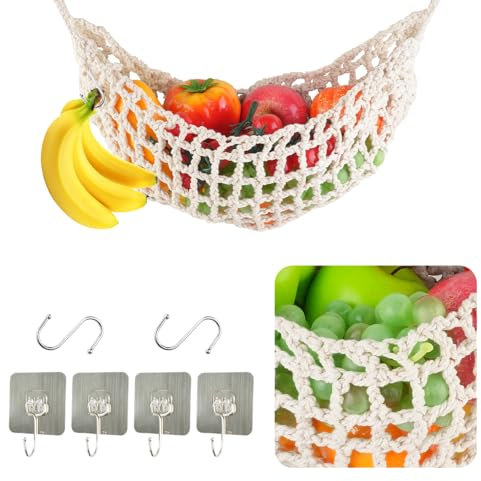 SHAIDOJIO Makramee Obst-Hängematte, Obst Hängematte, Handgewebt Makramee Hängen, Obstkorb Hängend mit 4-Haken-2 Bananen-Aufbewahrungshaken, Boho Frucht Gemüse Hängematte für Küche Wohnmobil Zuhause