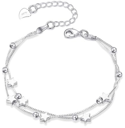 Silber 925 Armband Stern für Damen - Stern Silber Armband Verstellbare Layered Armbänder 17+5cm Armschmuck Armband Damen Silber Armband für Frauen Freundschaftsarmband für Frauen und Mädchen Geschenke