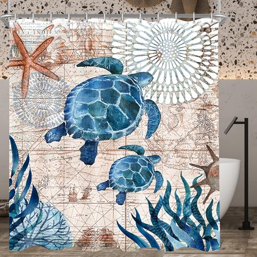 Lerores Duschvorhang 180x160cm Meeresschildkröte, Beschwerter Saum Antischimmel, Wasserabweisend, Waschbar Polyester Stoff Badevorhänge mit Ösen und 12 Duschvorhangringe für Badezimmer, Badewanne