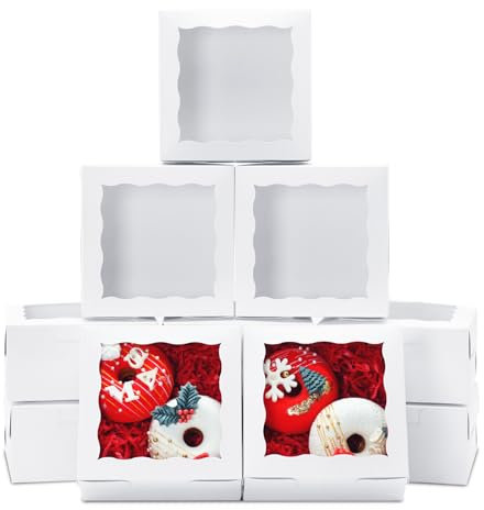 XINHPKGG 50pcs 5x5x2.5 Inch Cookie Boxes with window: Bakery Boxes Dessert Treat Boxes Chocolate Covered Strawberries Boxes for Christmas Valentine's Mother's Day