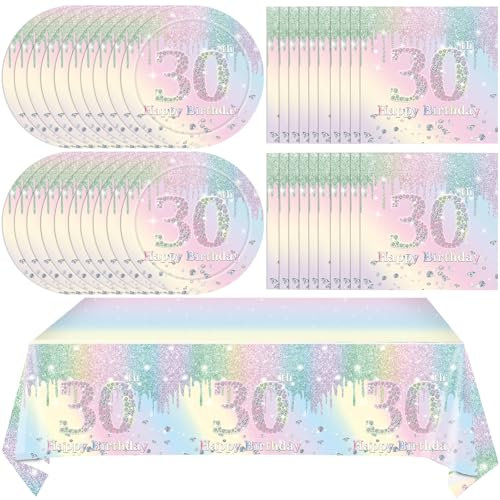 30th Birthday Party Decorations Tableware for Girls Women, Iridescent Macarons Diamond Happy 30th Birthday Supplies Includes 20 Plates 20 Napkins and 1 Tablecloth for Adult Boys Girls 30 Year Old Bday
