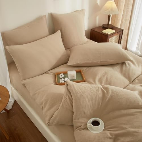 YASMENG Doppelte Muslin Bettwäsche 220x240 Khaki Beige Bettwäsche 100% Baumwolle Weich Atmungsaktiv Muslin Bettbezug Set 3 Teilig mit Reißverschluss und 2 Kissenbezüge 80x80 cm