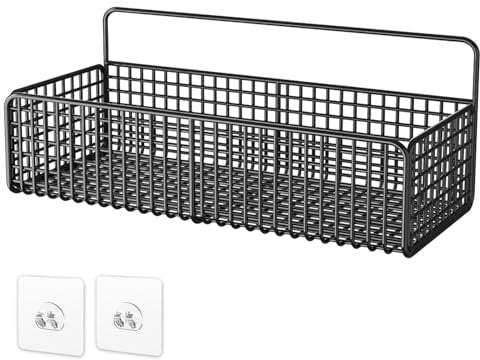 Wire Storage Basket, Self Adhesive Shower Storage Caddy Black, No Drilling Metal Shower Organiser, Wall Mounted Shampoo Holder, Basket Shelf for Bathroom, Kitchen, Bedroom