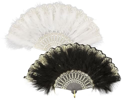 TUONYIS 2 Pieces Folding Handheld Feather Fan, Vintage Feather Fan, Flapper Folding Hand Fans, 1920s Accessories for Costume Halloween Dancing Show Tea Party Wedding Decoration (2 Pieces)