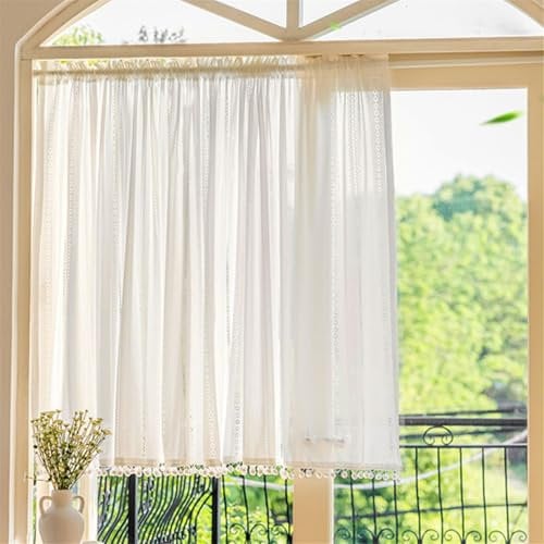 Surwin Bistrogardine Coffee Break Scheibengardine Küchengardine Vintage Weiße Spitze Halbtransparente Kurzgardine Wohnzimmer Landhaus Càfe Gardinen Kurz Vorhang Romantisch (100x130cm,Weiß)
