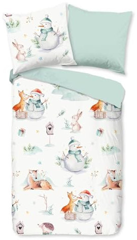 Traumschlaf Flanell Bettwäsche Schneemann Hase Igel 1 Bettbezug 135 x 200 cm + 1 Kissenbezug 80 x 80 cm