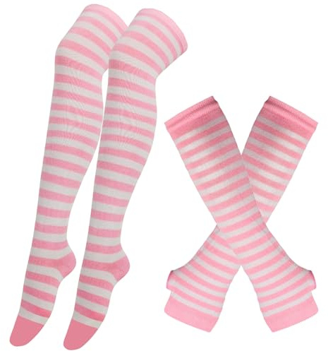 Whakano Lange Kniestrümpfe Armwärmer Set für Damen,Fingerlose Handschuhe Lange Strümpfe Herbst Winter,Armstulpen,Beinwärmer,Thigh High Socks,für Yoga,Laufen,Party,Festival,Streifen Rosa