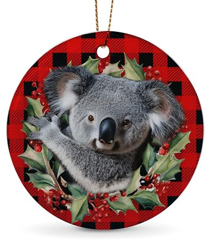 Vcmaluco Koala Ceramic Christmas Ornament, Red, 2.85 Round Hanging Decor for Christmas Tree