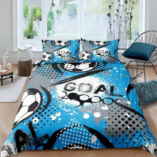 Loussiesd Jungen Fußball Bettwäsche Set 135x200cm Kinder Sports Thema Bettbezug Set Schwarz Weiß Blau Fussball Muster Bettwäsche für Jungen Jugendliche Modern Bettbezug Set mit Reißverschluss