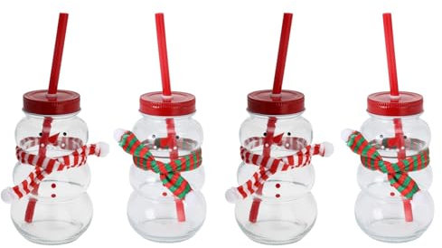Carousel Home Pack of 4 Snowman Shaped Drinking Jar Christmas Drinks Glass | Clear Glass Drinking Jar with Lid and Straw | Novelty Christmas Snowman Drinking Glass - Design Varies