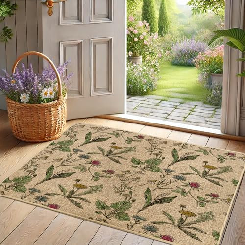 Zerbino botanico floreale con piante verdi, zerbino per ingresso esterno e interno, decorazione vintage, antiscivolo, impermeabile, antipolvere, facile da pulire, 73 x 43 cm