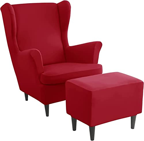 ZGantrix Ohrensessel überzug mit Hocker Bezug, 2 Teilig Sessel-Überwürfe+1 Teilig Ottomane Schonbezug, Beige/Grün/Rosa/Blau Ohrensessel Schonbezüge Sesselhusse Stretch Tiger Stuhlbezug mit Armlehne