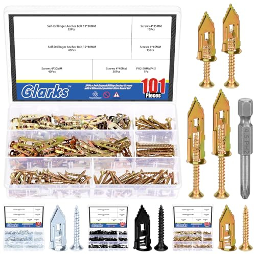 Glarks 201pcs Drywall Self-Drilling Anchors with Screws Set, 100pcs Carbon Steel Hollow Wall Anchor Tapping Screw with 100pcs Screws and 1pcs PH2 Bit Kit for No Drill or Holes in Wall