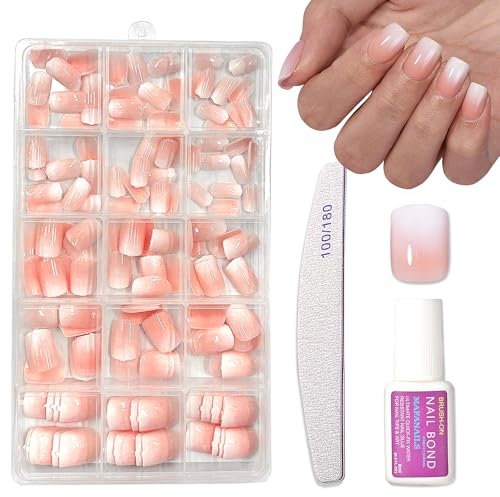 150Pcs Ombre False Nails Short - Square Press on Nails Set - Natural Nude Fake nails with Glue - Stick on Nails -15 Size Square Nail Tips Long Lasting for Women DIY French Manicure