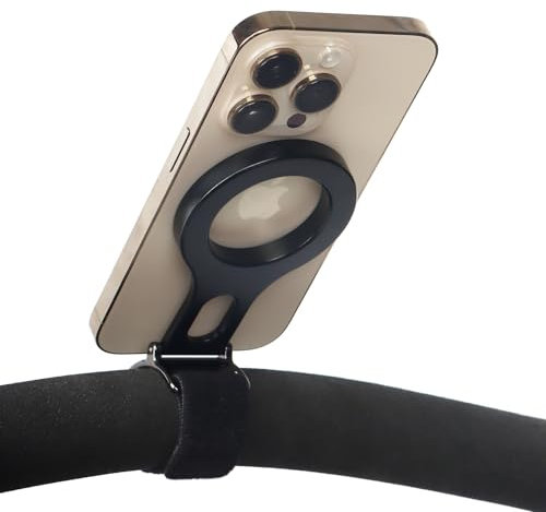 Magnetic Phone Holder for Stroller Bar, Compatible with MagSafe (Strong Magnet) - 180° Adjustable for Gym, Home Fitness Bikes, Shopping Cart, with Adjustable Strap, All Phone (Magnetic Ring Included)