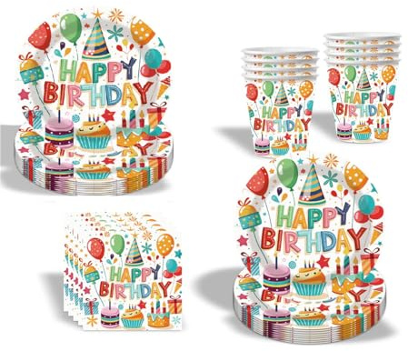 Bunte Partygeschirr Set,Partygeschirr Geburtstag,Kindergeburtstag Geschirr Set,Kindergeburtstag Deko,Geburtstag Deko,Mit Teller Becher Servietten,Party Geschirr für 10 Gäste