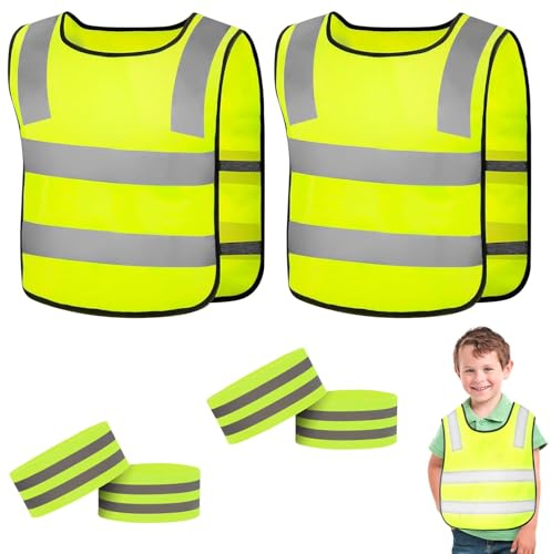 EULAPGOE Giubbotto di Sicurezza per Bambini,Gilet Fluorescente Bambino Giallo + Set Sicurezza 2 Pezzi + M Taglia + 35cm Polsini Regolabili + Alta visibilità