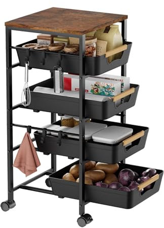 Landmok Küchenwagen mit 5 Ebenen & Schubladen, Aufbewahrungswagen aus Metall mit Holzplatte, Belüfteten Körben und Rollen, Snack-Organizer für Obst, Gemüse und Mikrowelle (32,5x36,5x82 cm, Schwarz)