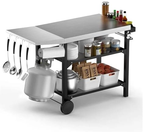WJIAYAO Outdoor Grill Cart Movable Outdoor Dining Cart Table,Three-Shelf Stainless Steel BBQ Grill Cart