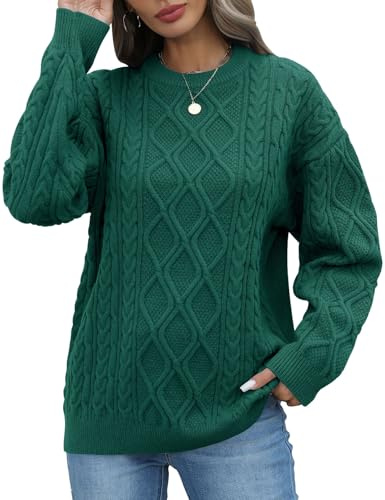 CMTOP Women's Jumpers Winter Casual Oversized Crew Neck Knit Sweaters Ladies Warm Long Sleeve Loose Chunky Cable Jumper Pullover Knitwear Tops Green