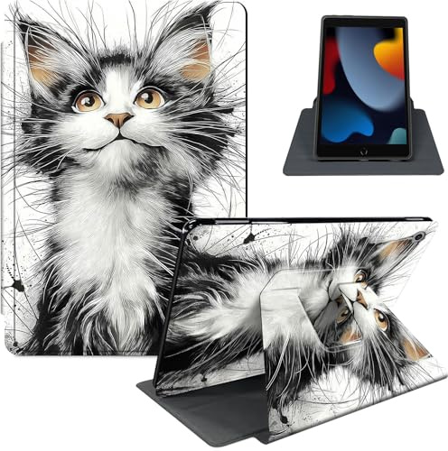 Case for iPad 9th / 8th / 7th Generation (2021/2020/2019) 10.2 Inch, 360° Rotating PU Leather Stand Cover with Auto Sleep/Wake, Shockproof TPU Backl, Black and White Cat