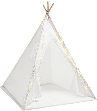 Tipi Zelt für Kinder, Kinderzelt mit Matte, Lichterkette, 120x120x140 cm Kinder Spielzelt für Mädchen und Jungen, Weiß
