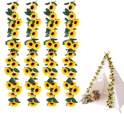 4 Pcs Artificial Sunflower Garland, Outdoor Garland Decoration, Silk Sunflower Vine Faux Flower Hanging with Green Leaves for Home Garden Wedding Fence