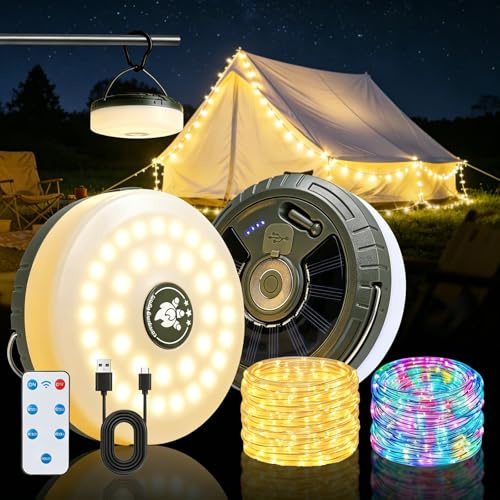 Philorn Solar Camping Lichterkette Aufrollbar, 5-in-1 USB Aufladung LED Lichterkette 5 Beleuchtungsmodi, wasserdichte Campinglampe Taschenlampe für Zelt Camping Wandern Hof Dekoration, 10M (Weiß)