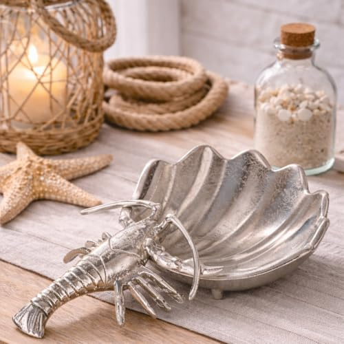 MF Maritano Hummer Dekoschale Aluminium Silber, Muschel Design, Handgearbeitet, Galvanisiert, 35,5 x 22,5 x 8 cm