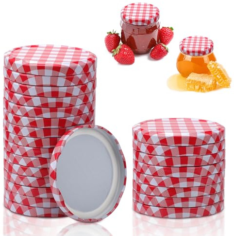 24 Pack Red Gingham Jam Jar Covers, 82mm Twist Off Lids, Reusable Replacement Jam Jar Lids for Glass Jars/Canning Jars Vacuum Preservation