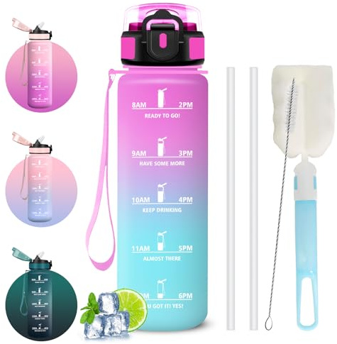 Mujigaga Gourde Sport 1 litre, Gourdes avec Paille, Verrou de Sécurité, Brosses pour Paille et Bouteille, Anti Fuite Gourde Graduée pour 1 Journee, Bouteille Motivation pour Voyages, Sport, Fitness