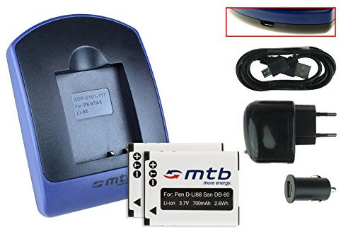 2 Akkus + Ladegerät (Netz+Kfz+USB) für Pentax D-Li88 / Panasonic VW-VBX070 / Sanyo DB-L80 / Toshiba PX1686... - s. Liste