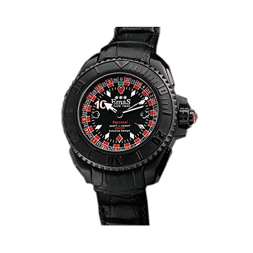Emas Casinò Black Quarz Edelstahl IP Schwarz Roulette Rot Leder Herrenuhr
