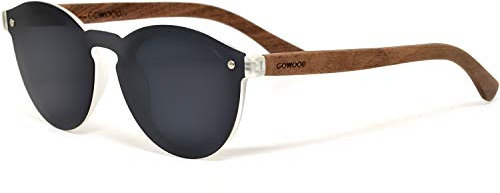 GOWOOD Lunettes de soleil femmes et hommes rondes en bois de noyer avec verres une pièce noir polarisées