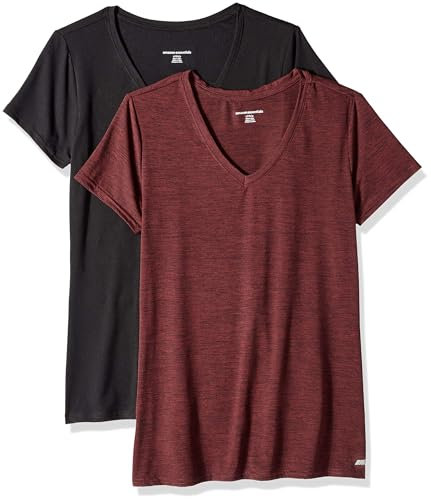 Amazon Essentials Damen Active Quick Dry Tech Stretch Kurzarm-T-Shirt mit V-Ausschnitt (in Übergröße erhältlich), 2er-Pack, Burgunderrot Space-dye/Schwarz, S