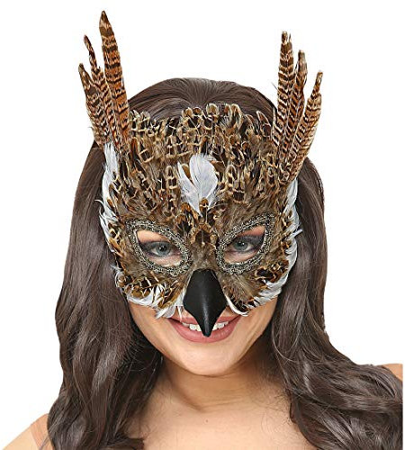 NET TOYS Eulen-Maske mit Federn | Braun | Originelle Unisex-Maske Tiermaske Uhu geeignet für Straßenkarneval & Mottoparty