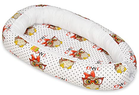 Velinda Kuschelnest Babynest Babynestchen Nestchen Reisebett Kuschelbett 100% Baumwolle (Muster: Eulen - weiß)