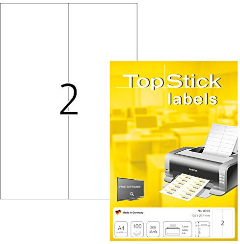 TopStick 8723 Universal Etiketten, 100 Blatt, 105 x 297 mm, 2 pro A4 Bogen, 200 Stück, selbstklebend, bedruckbar, matt, blanko Papier Klebeetiketten Aufkleber, weiß