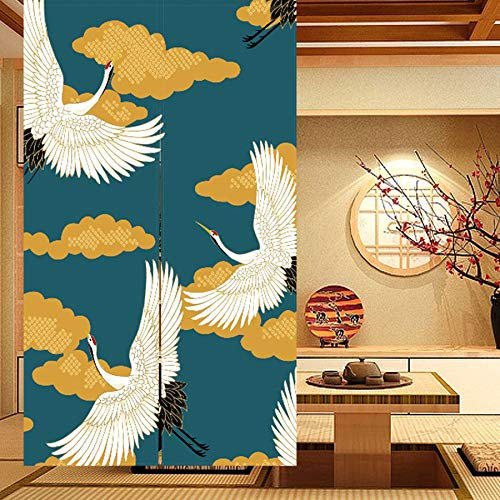 LIGICKY Japanischer Stil Dick Noren Lang Vorhang TürVorhang Raumteiler Tapisserie für die Heimtextilien 85x120cm, Grün (Gekrönten Kran Floral Moon)