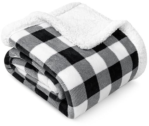PAVILIA Couverture Polaire à Carreaux Sherpa Noir et Blanc - Pour Canapé Jumeau, Lit - Flanelle Douce et Pelucheuse - Plaid en Peluche - Chaude Pour l'Hiver