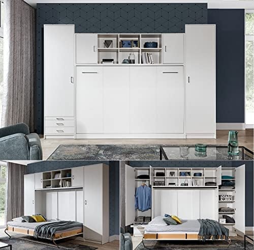 QMM Schrankbett Wandbett Wandklappbett horizontal HB 120x200 mit 2 Schränken & Aufsatz weiß, Eiche Sonoma Schlafzimmer komplett neu