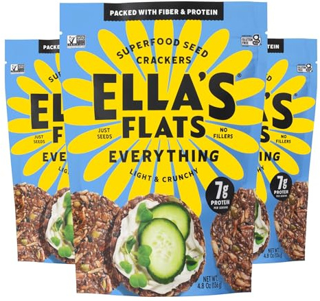ELLA’S FLATS® Everything All Seed Savory Crisps – All Natural, Gluten Free, Good Source of Protein, High Fiber, Vegan and Keto Friendly (3 Pack)