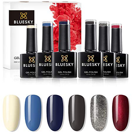 Bluesky Gel Nail Polish Set, AW2020, Lady Snow Autumn and Winter 2020 Collection, 6 x 10 ml Red, Cream, Grey, Blue, Navy, Silver, Glitter (Requires curing under UV/LED Lamp)