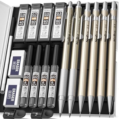 Nicpro 6 Stück Druckbleistifte Set, Metallstifte in den Stärken 0.3, 0.5, 0.7, 0.9 mm und 2 mm Minenschreiber für Kalligraphie, Skizzieren, Zeichnen, mit Röhrchen Nachfüllminen, Radiergummis, Spitzer
