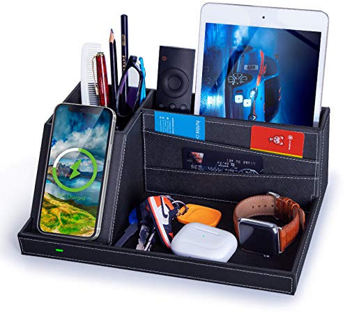 Valet Tray, Built in Wireless Charging Pad, Nightstand Organizer, Dresser Organizer, Mens Jewelry Box, Valet Charging Station, Faux Leather Valet Tray for Men and Women (Black+Wireless)