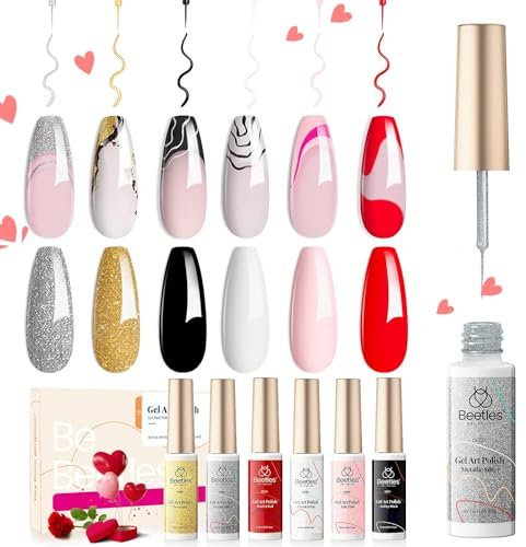 Beetles Gel Nail Polishes-6 Nail Art Gel Liner Set Black White Red Colors Gel Art Paint for Nails Built Thin Nail Art Brush in Gel Pens Soak Off Gold Silver Glitters Nail Art Manicure Kit