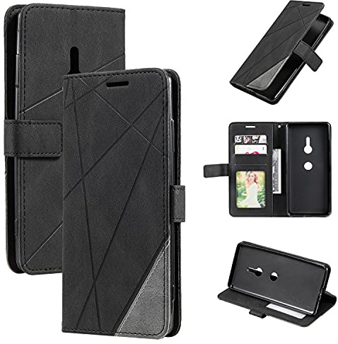 QiongniAN Hülle für Sony Xperia XZ3, Leder, Klapphülle mit Klappstand, Black